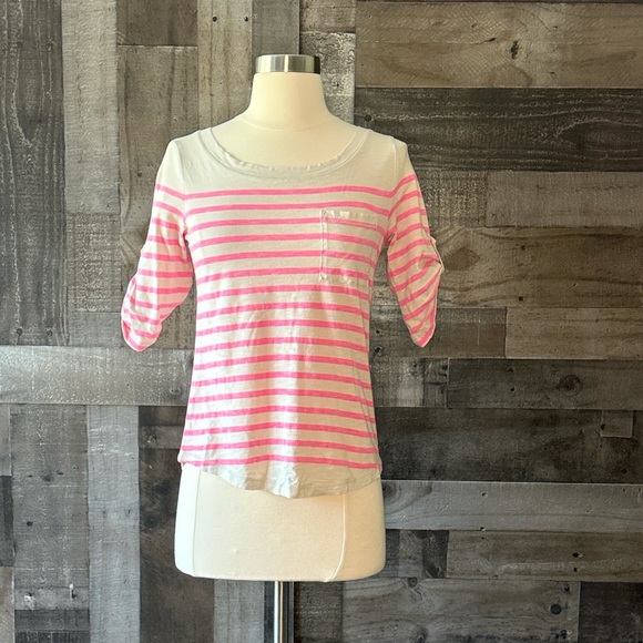Banana Republic cream hot pink striped top small 3/4 sleeves coastal Barbie - Picture 12 of 12